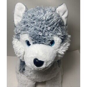 HugFun Husky Wolf Puppy Dog Blue Eyes Black Collar White Gray  Silver 15 Inch
